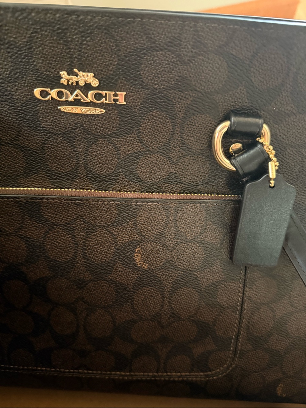 Coach Dark Brown Signature Canvas Tote with Black Leather Trim - Picture 6 of 8